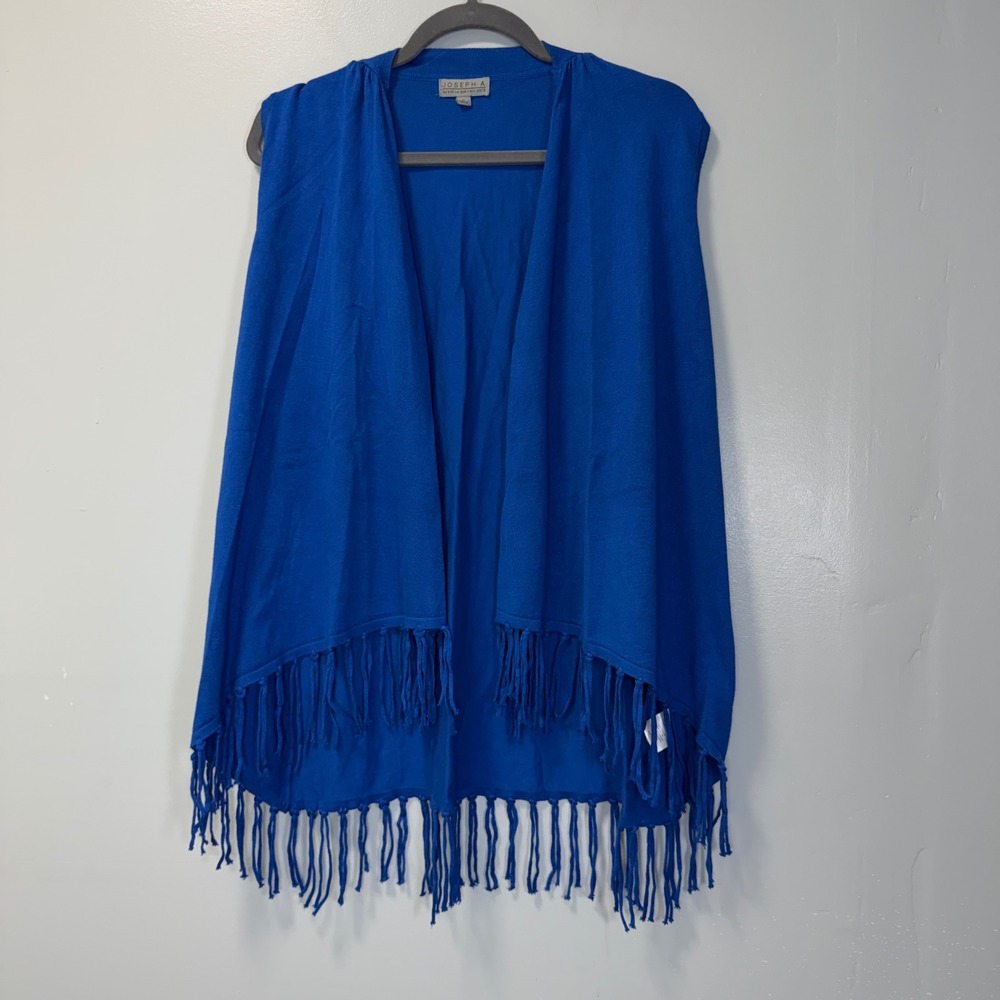 Joseph A. Women Blue Fringe Open Front Sleeveless Knit Cardigan Boho Vest Small